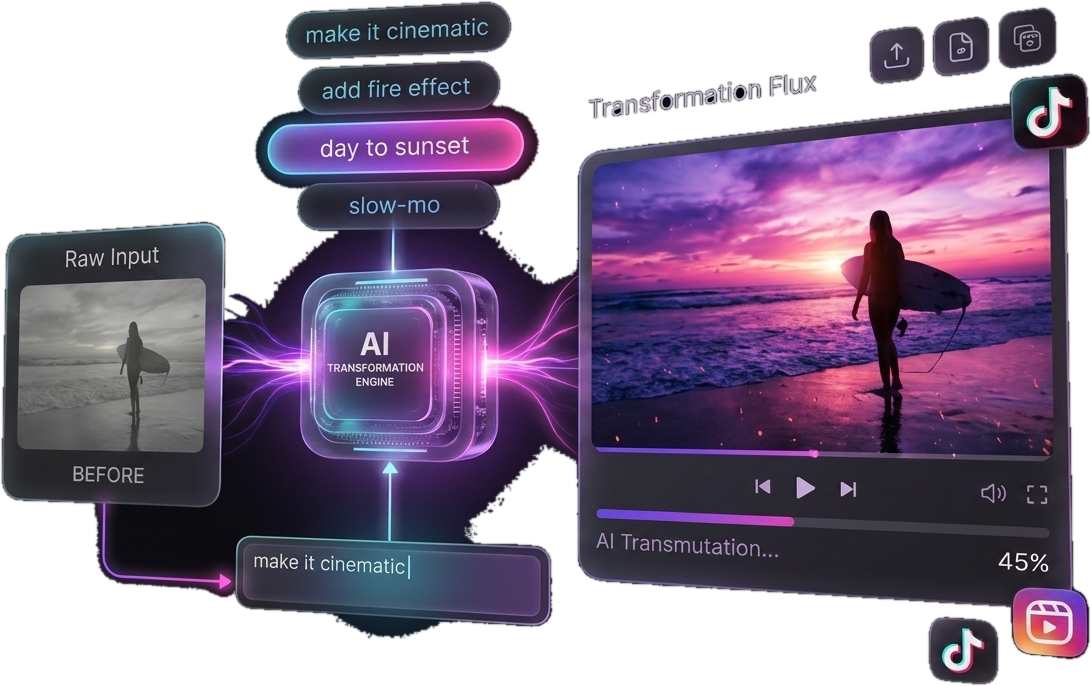 MotionCut Transformation Flux: a raw clip on the left flows through the AI engine into a finished cinematic edit on the right, driven by plain-English prompts like “make it cinematic” and “day to sunset”.
