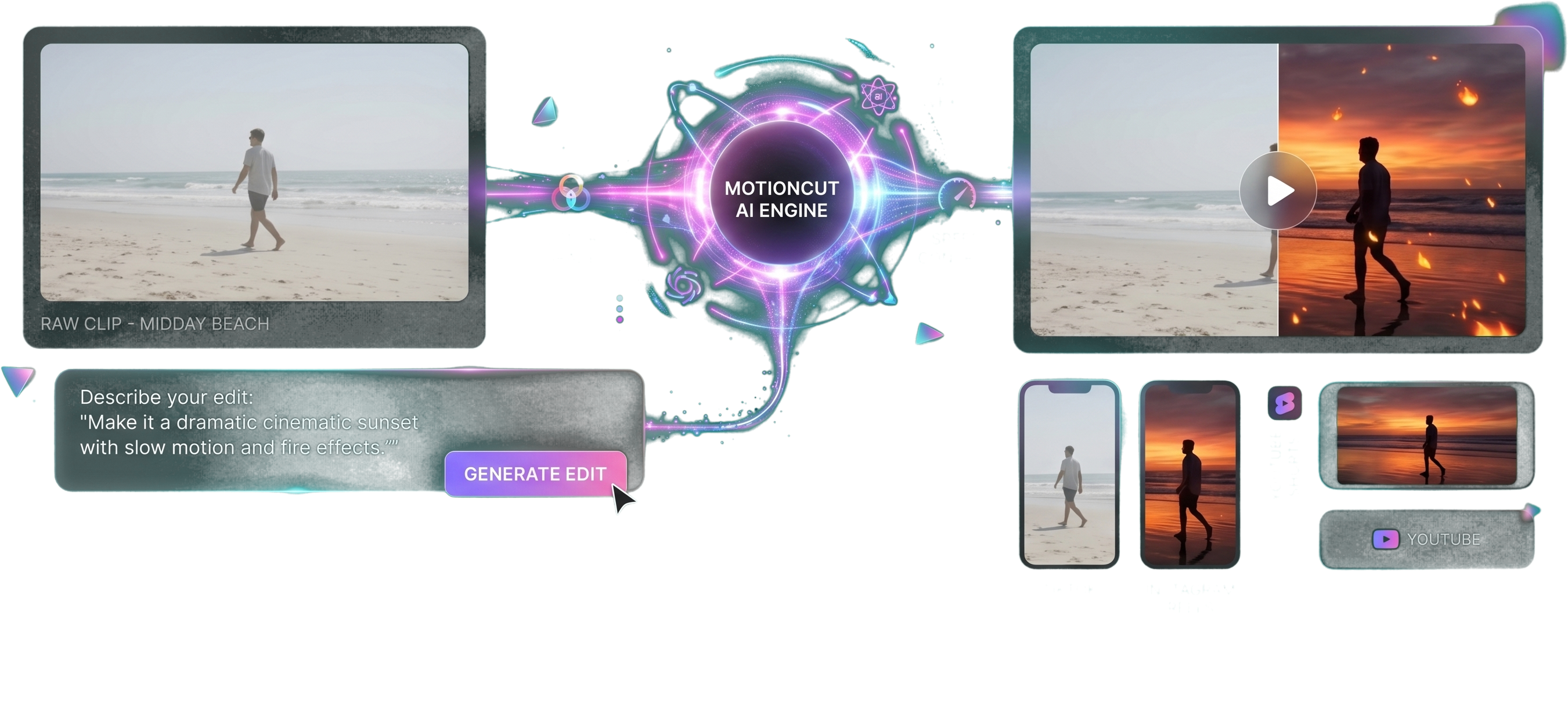 Upload a raw beach clip, describe the edit in plain English, and the MotionCut AI engine renders a cinematic sunset with fire and slow-motion — exported for TikTok, Instagram Reels, YouTube Shorts and YouTube.
